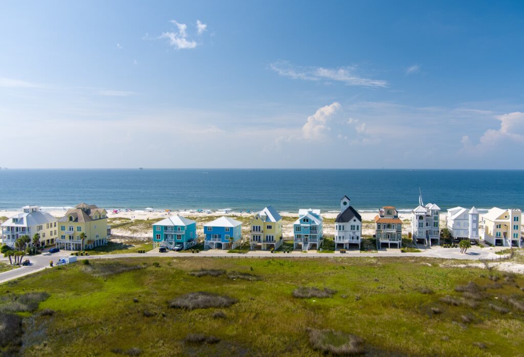 Aerial view of beach houses at Fort Morgan, Alabama