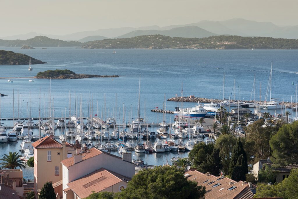 View of rooftops and marina, Porquerolles, Provence-Alpes-Cote d'Azur